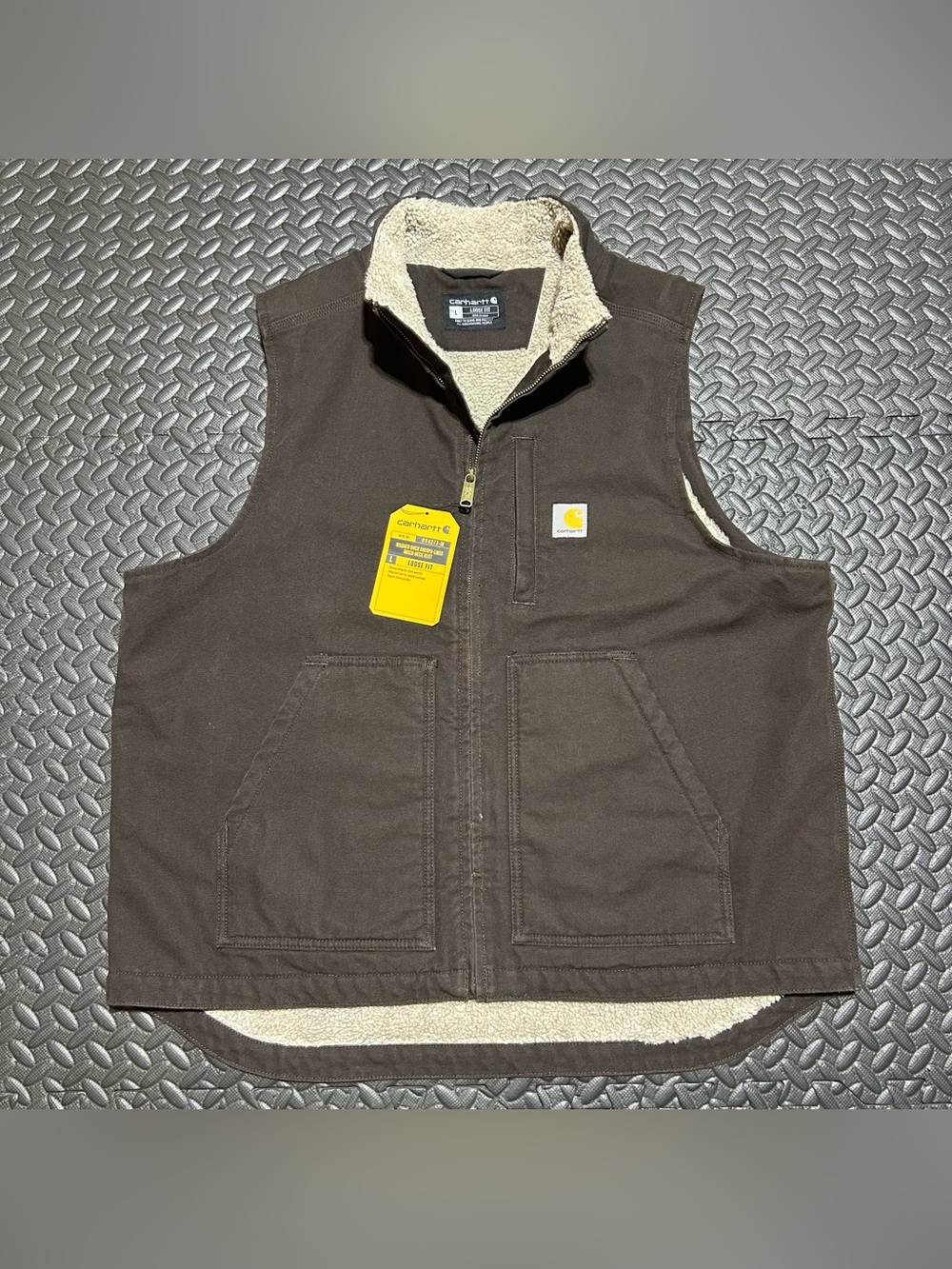 Carhartt Sherpa Lined Vest Duck Brown Canvas Workwear Utility Mens Large NEW